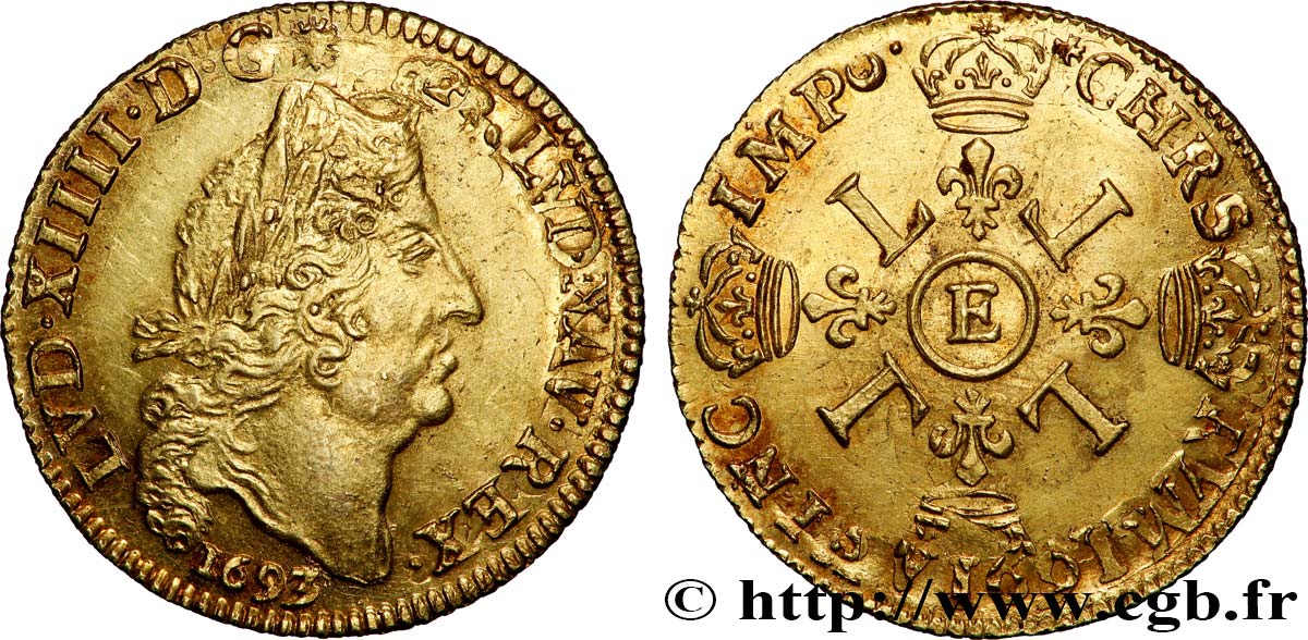 LOUIS XIV LE GRAND OU LE ROI SOLEIL Louis d&nbsp;or aux quatre L 1693 Tours SUP/SPL
