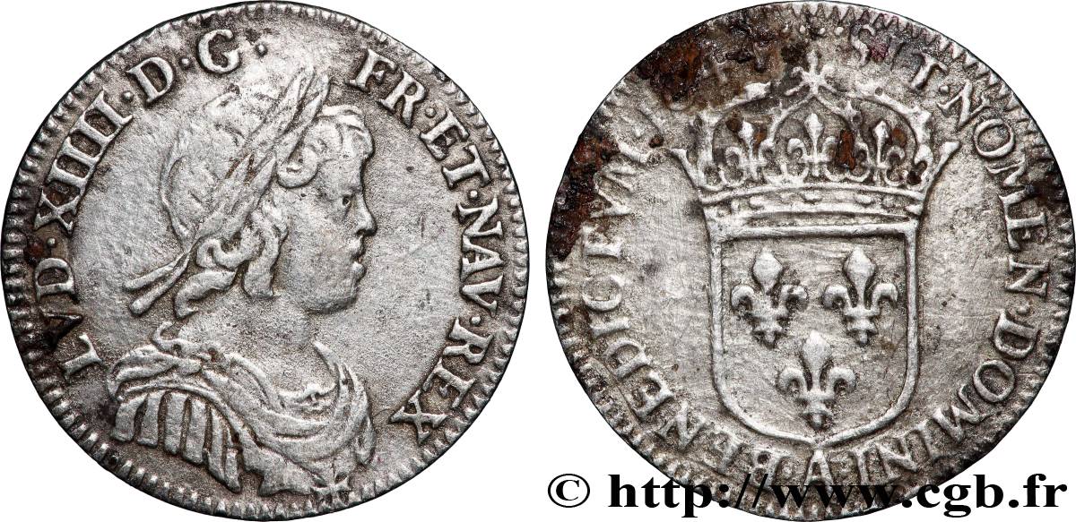 LOUIS XIV LE GRAND OU LE ROI SOLEIL Douzième d&nbsp;écu, portrait à la mèche courte 1644 Paris, Monnaie du Louvre TTB