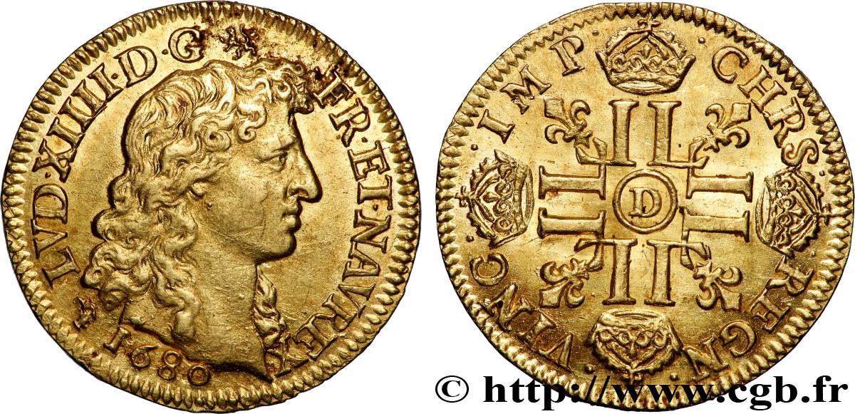 LOUIS XIV LE GRAND OU LE ROI SOLEIL Louis d&nbsp;or aux huit L, portrait à la tête nue 1680 Lyon SUP/SPL