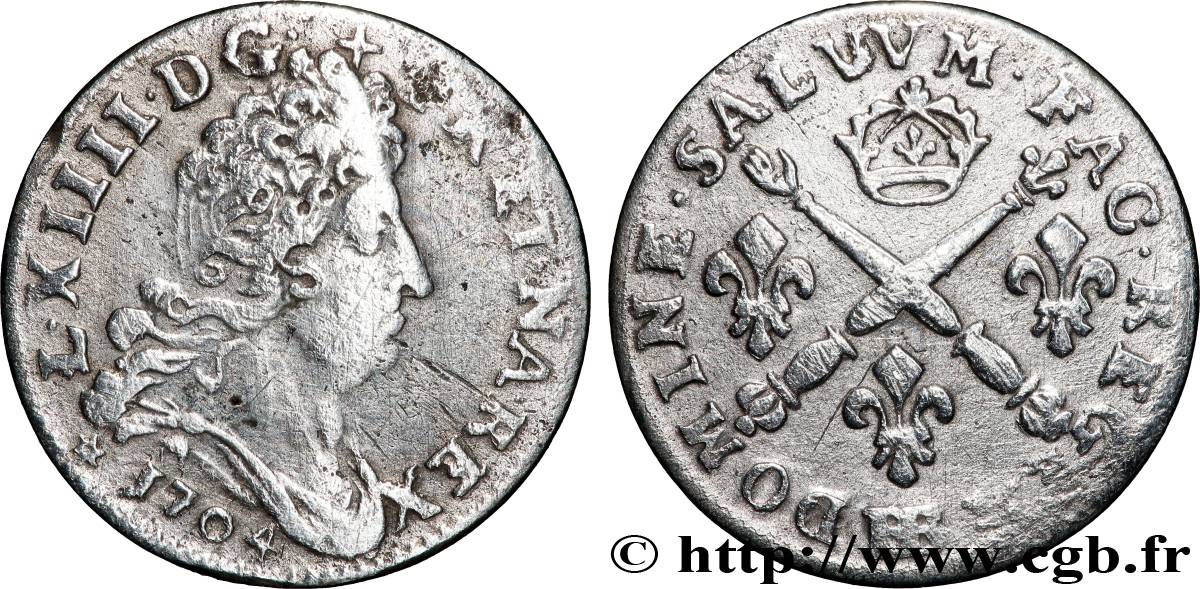 LOUIS XIV LE GRAND OU LE ROI SOLEIL Cinq sols aux insignes 1704 Strasbourg TB+/TTB