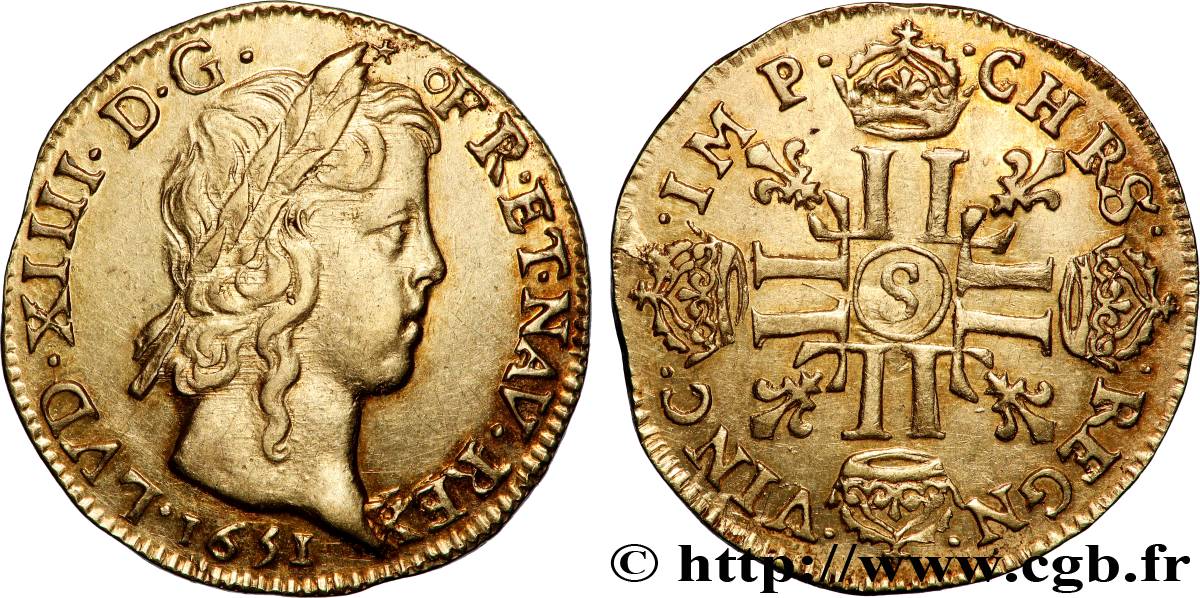 LOUIS XIV LE GRAND OU LE ROI SOLEIL Louis d’or aux huit L, portrait à la mèche longue 1651 Troyes SUP/SPL