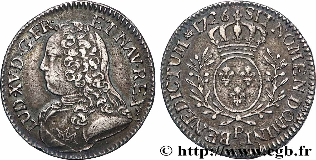 LOUIS XV DIT LE BIEN AIMÉ Cinquième d&nbsp;écu aux branches d&nbsp;olivier, buste habillé 1726 Dijon TTB+