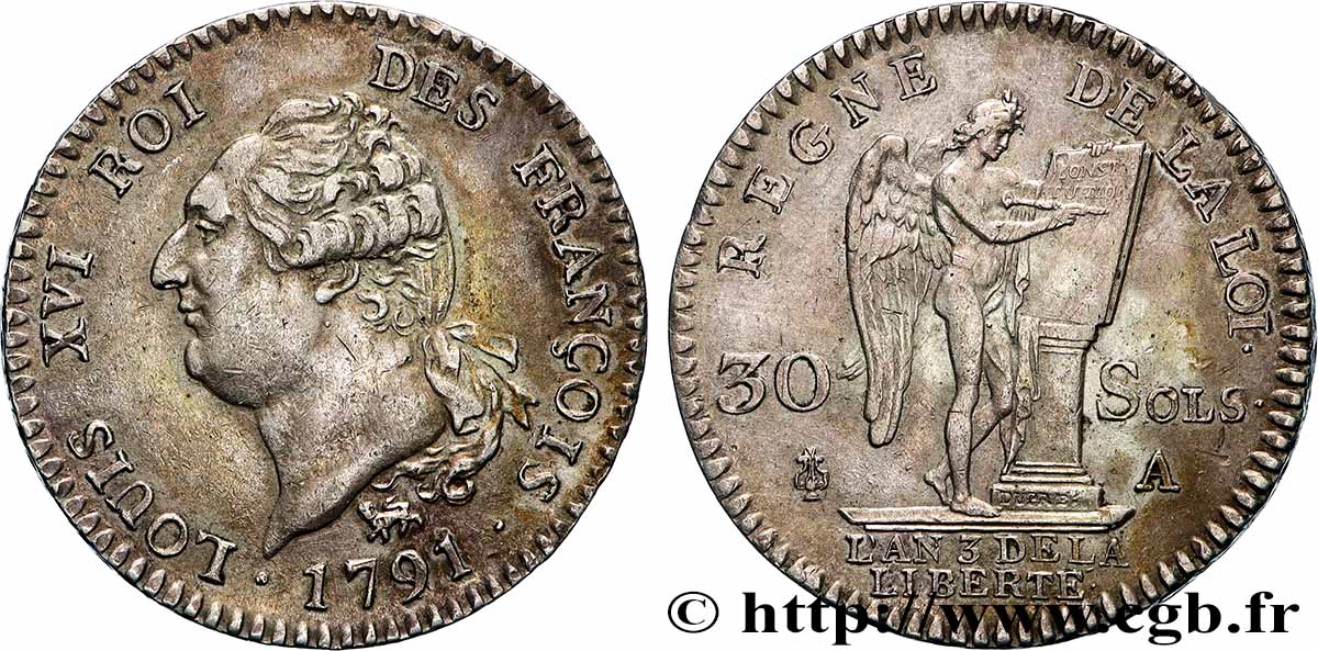 LOUIS XVI 30 sols dit &nbsp;au génie&nbsp;, type FRANÇOIS 1791 Paris VZ/fVZ