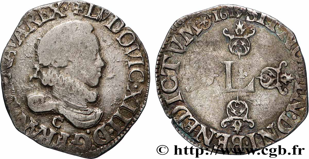LOUIS XIII LE JUSTE Demi-franc au grand buste lauré et au col fraisé 1615 Saint-Lô TB+