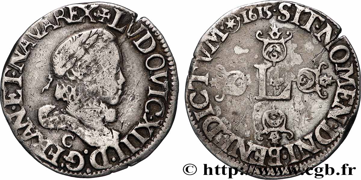 LOUIS XIII LE JUSTE Demi-franc au grand buste lauré et au col fraisé 1615 Saint-Lô TB+