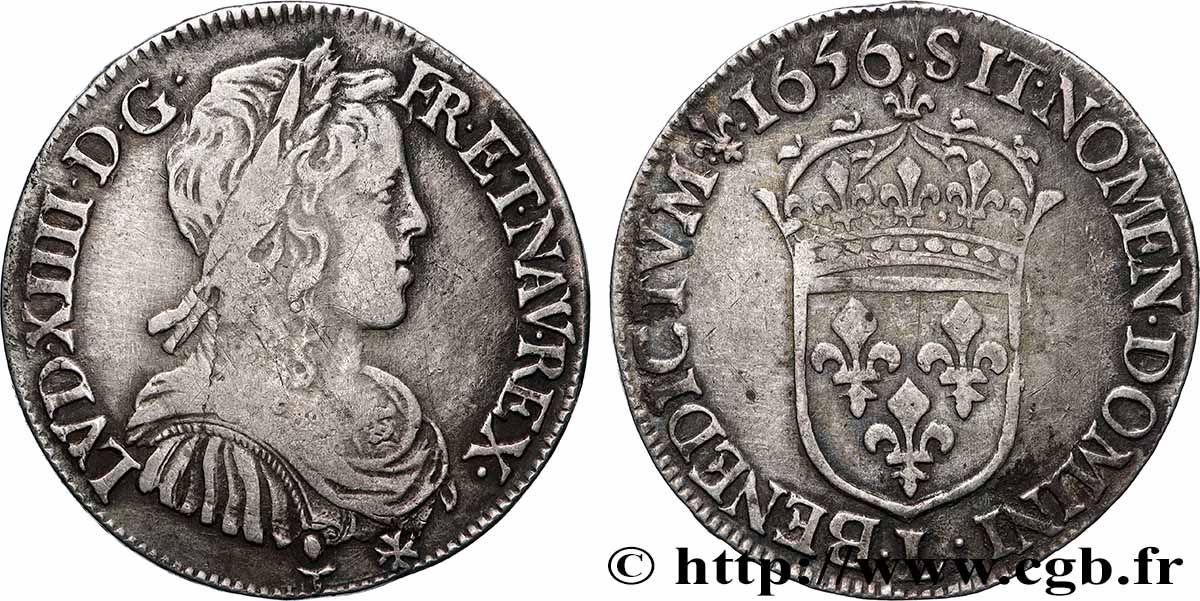 LOUIS XIV LE GRAND OU LE ROI SOLEIL Demi-écu, portrait à la mèche longue 1656 Bayonne TB+/TTB