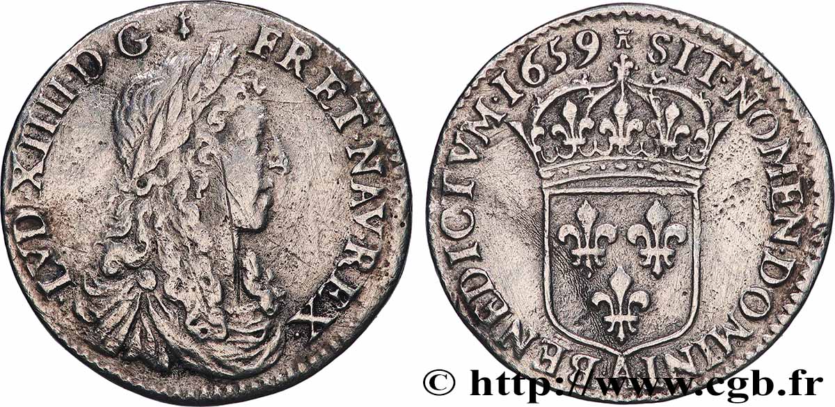 LOUIS XIV LE GRAND OU LE ROI SOLEIL Douzième d&nbsp;écu, portrait apollinien 1659 Paris TTB