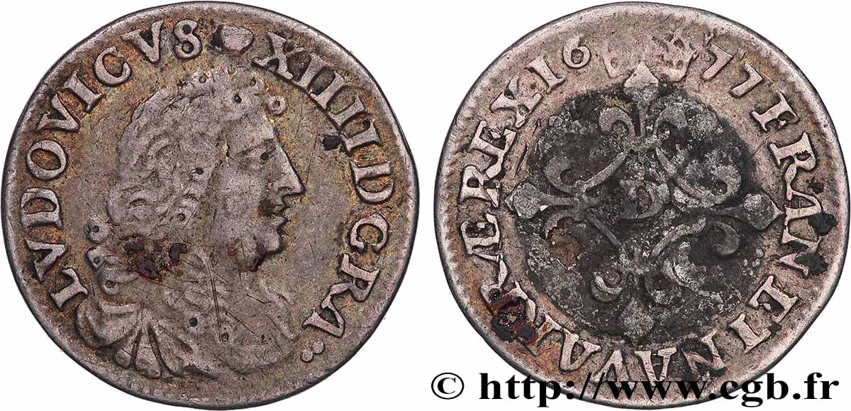 LOUIS XIV LE GRAND OU LE ROI SOLEIL Quatre sols à la croix formée de lis 1677 Vimy-en-Lyonnais (actuellement Neuville-sur-Saône) TTB