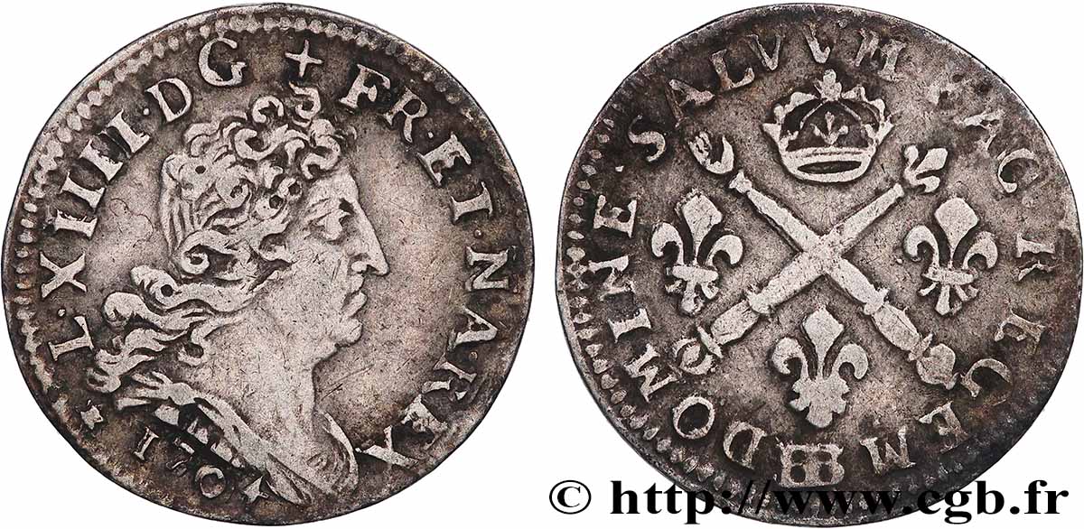 LOUIS XIV LE GRAND OU LE ROI SOLEIL Cinq sols aux insignes 1704 Strasbourg TTB