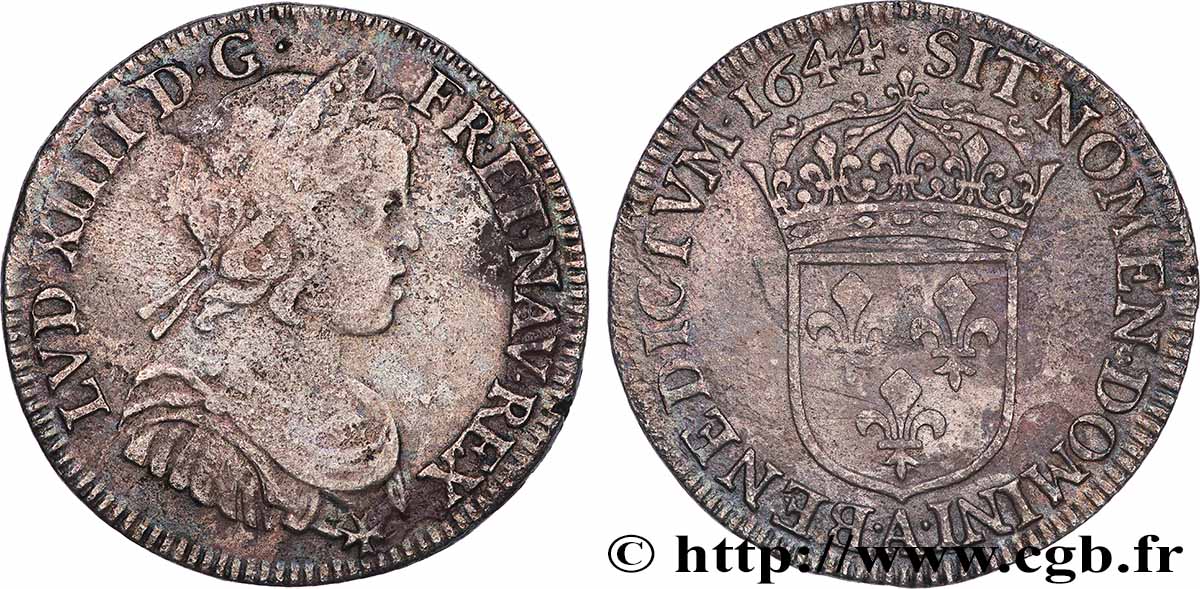LOUIS XIV LE GRAND OU LE ROI SOLEIL Quart d&nbsp;écu, portrait à la mèche courte 1644 Paris, Monnaie du Louvre TTB