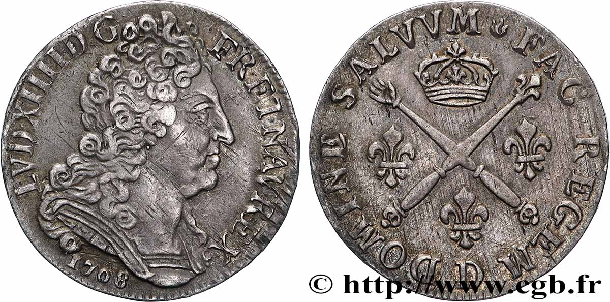 LOUIS XIV LE GRAND OU LE ROI SOLEIL 20 sols aux insignes 1708 Lyon TTB+/SUP