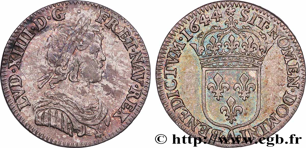LOUIS XIV LE GRAND OU LE ROI SOLEIL Douzième d&nbsp;écu, portrait à la mèche courte 1644 Paris, Monnaie de Matignon TTB+