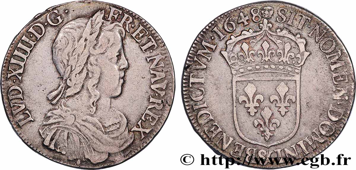 LOUIS XIV LE GRAND OU LE ROI SOLEIL Demi-écu, portrait à la mèche longue 1648 Aix-en-Provence TTB