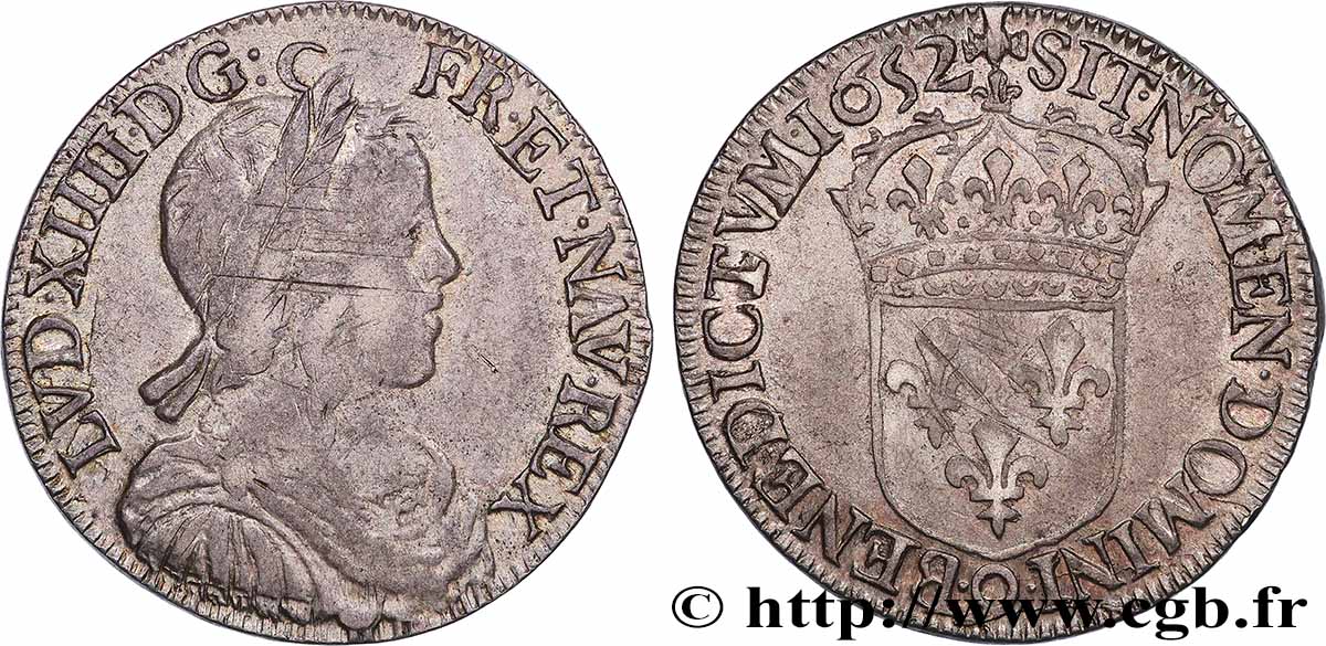 LOUIS XIV LE GRAND OU LE ROI SOLEIL Demi-écu, portrait à la mèche longue 1652 Rennes TB+/TTB