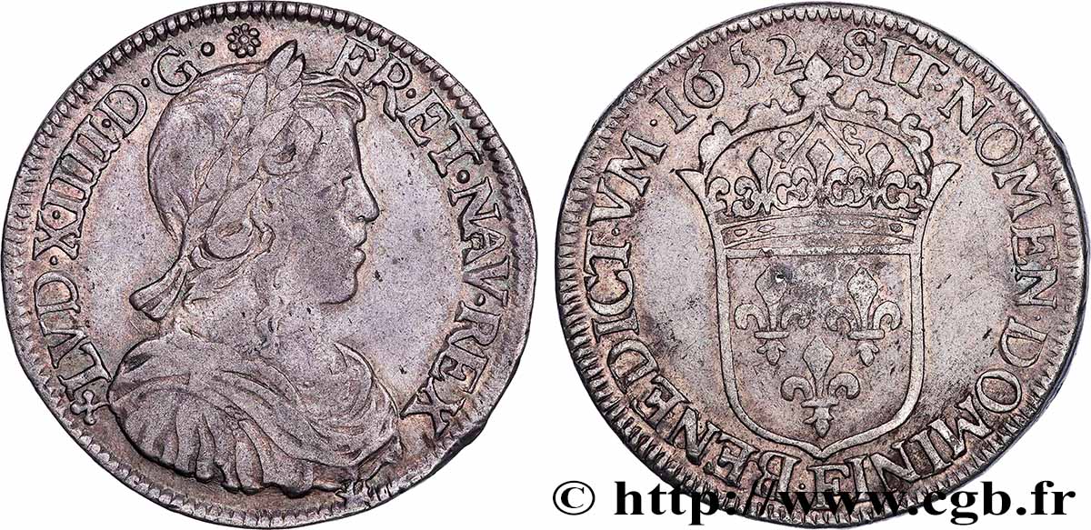 LOUIS XIV LE GRAND OU LE ROI SOLEIL Demi-écu, portrait à la mèche longue 1652 Angers TTB