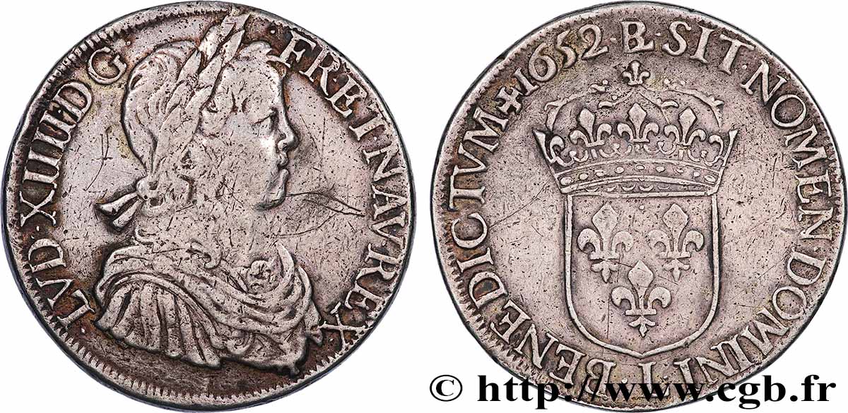 LOUIS XIV LE GRAND OU LE ROI SOLEIL Écu, portrait à la mèche longue 1652 Bayonne TTB