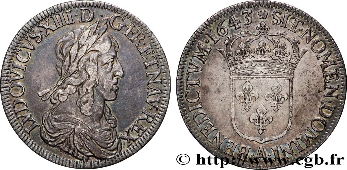LOUIS XIII LE JUSTE Écu, buste drapé et cuirassé (2e buste de Jean Warin) 1643 Paris, Monnaie de Matignon TTB+/SUP