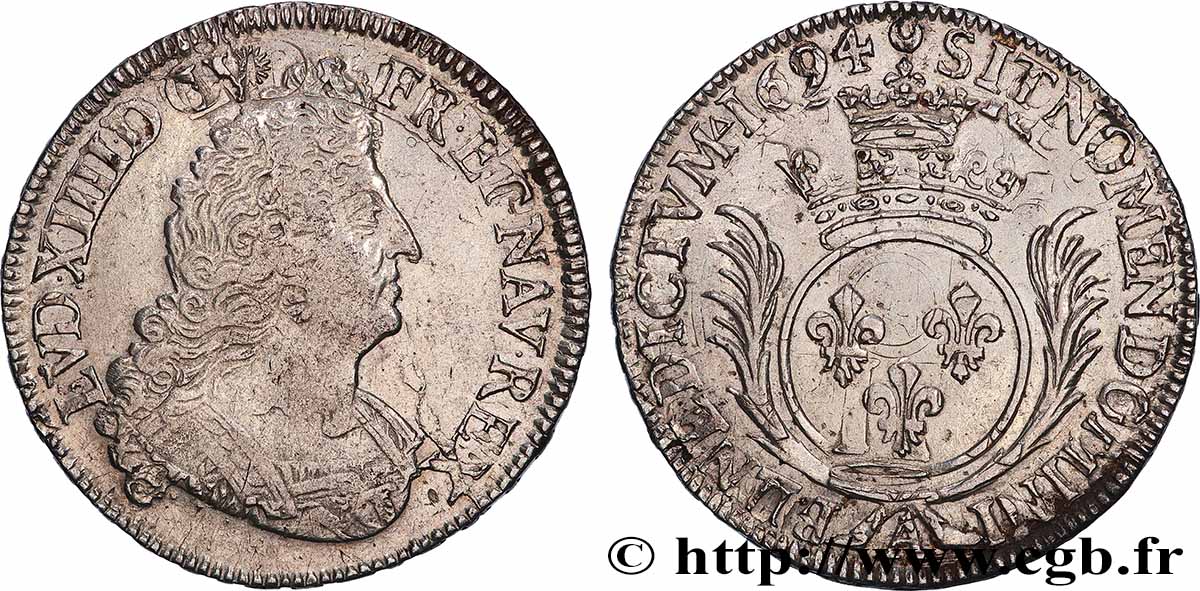 LOUIS XIV LE GRAND OU LE ROI SOLEIL Demi-écu aux palmes 1694 Paris TTB+
