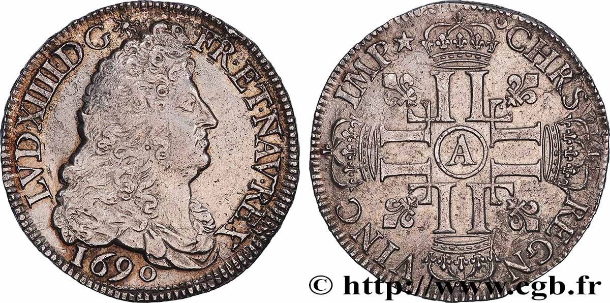LOUIS XIV LE GRAND OU LE ROI SOLEIL Demi-écu aux huit L, 1er type 1690 Paris TTB+