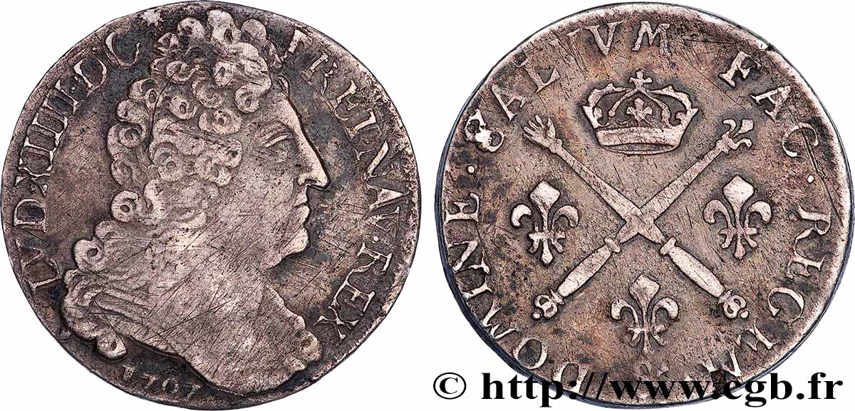 LOUIS XIV LE GRAND OU LE ROI SOLEIL 20 sols aux insignes 1707 Aix-en-Provence TB+/TTB