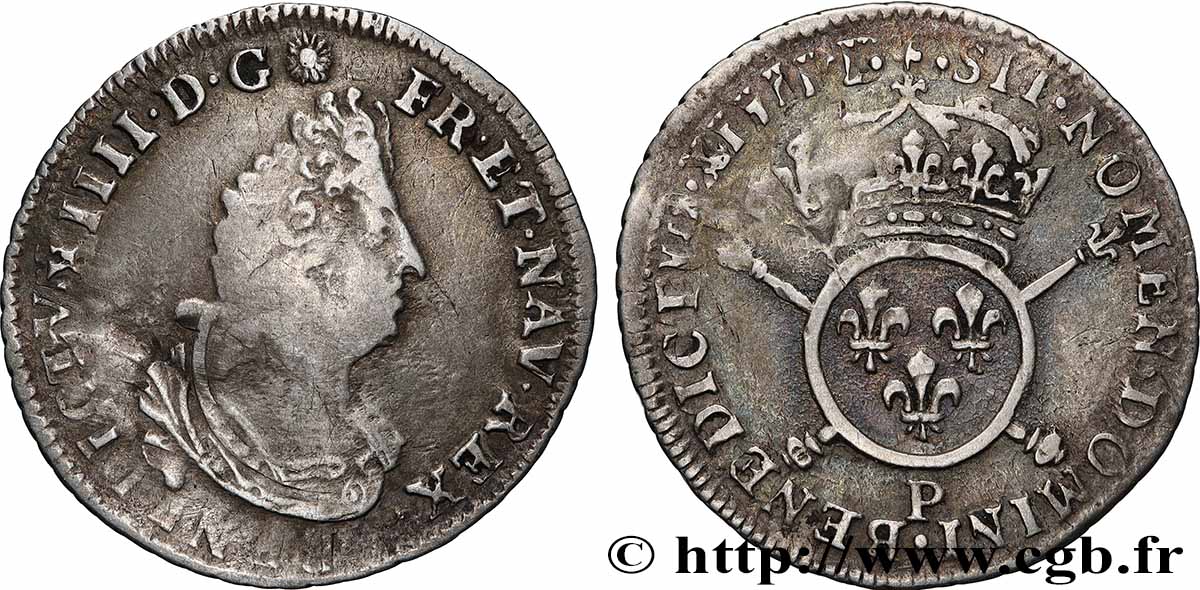 LOUIS XIV LE GRAND OU LE ROI SOLEIL Douzième d&nbsp;écu aux insignes s.m. Dijon TB/TTB