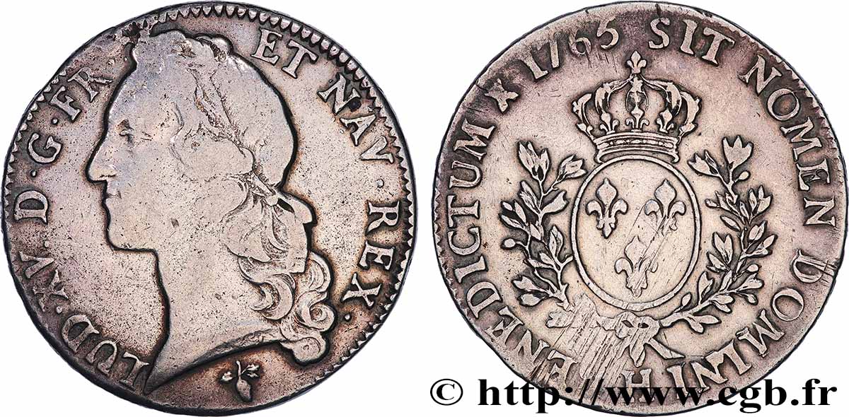 LOUIS XV DIT LE BIEN AIMÉ Écu aux branches d’olivier, tête ceinte d’un bandeau 1765 La Rochelle TB+/TTB