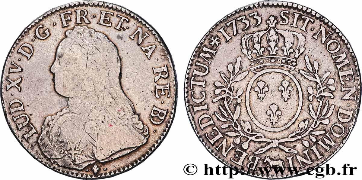 LOUIS XV DIT LE BIEN AIMÉ Écu aux branches d&nbsp;olivier, buste habillé 1733 Pau TB/TB+