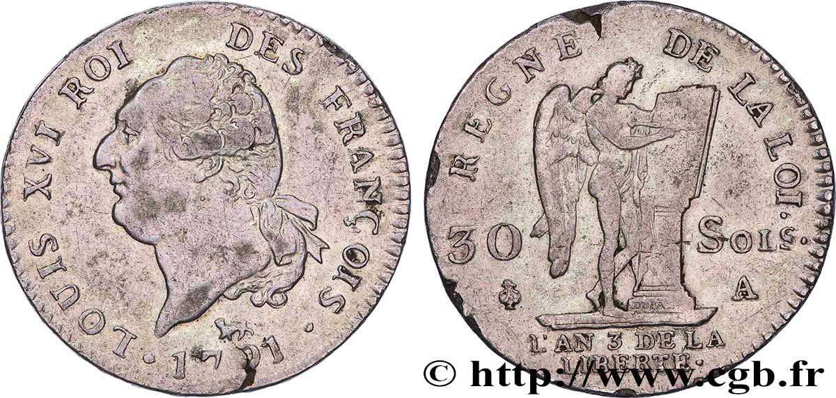 LOUIS XVI (MONARQUE CONSTITUTIONNEL)  30 sols dit &nbsp;au génie&nbsp;, type FRANÇOIS 1791 Paris TTB+/TTB