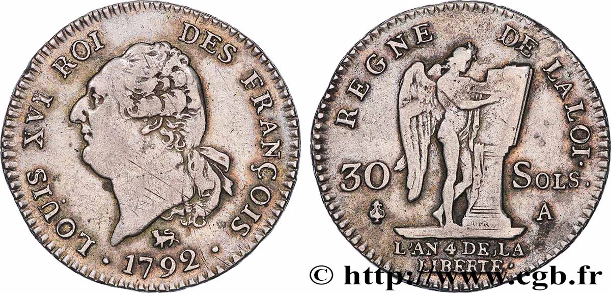 LOUIS XVI (MONARQUE CONSTITUTIONNEL)  30 sols dit &nbsp;au génie&nbsp;, type FRANÇOIS 1792 Paris TTB