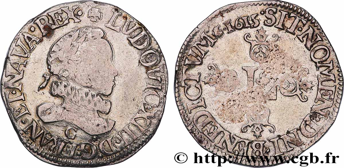 LOUIS XIII LE JUSTE Demi-franc au grand buste lauré et au col fraisé 1615 Saint-Lô TB/TB+