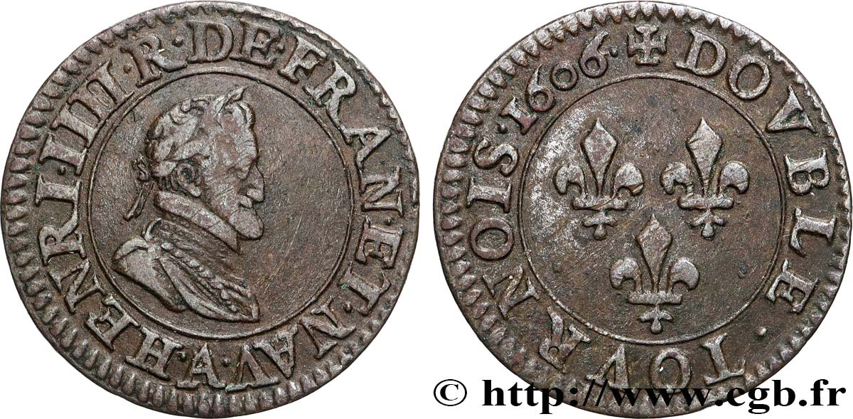 HENRY IV Double tournois 1606 Paris, Moulin des Étuves XF/AU