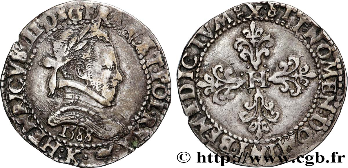 HENRY III Demi-franc au col plat 1588 Bordeaux VF/XF