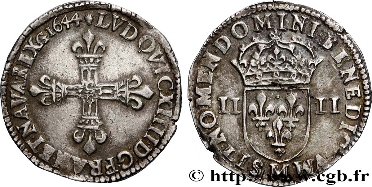 LOUIS XIV &nbsp;THE SUN KING&nbsp; Quart d&nbsp;écu, titulature côté croix 1644 Toulouse AU/XF