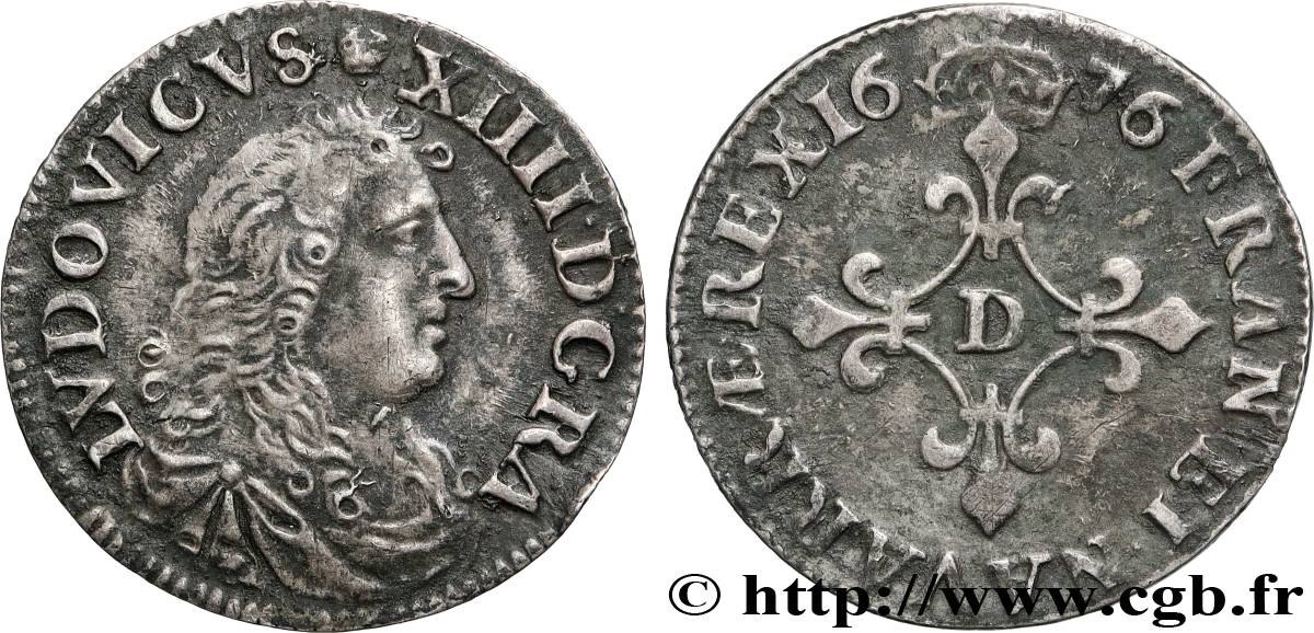 LOUIS XIV &nbsp;THE SUN KING&nbsp; Quatre sols à la croix formée de lis 1676 Vimy-en-Lyonnais (actuellement Neuville-sur-Saône) XF