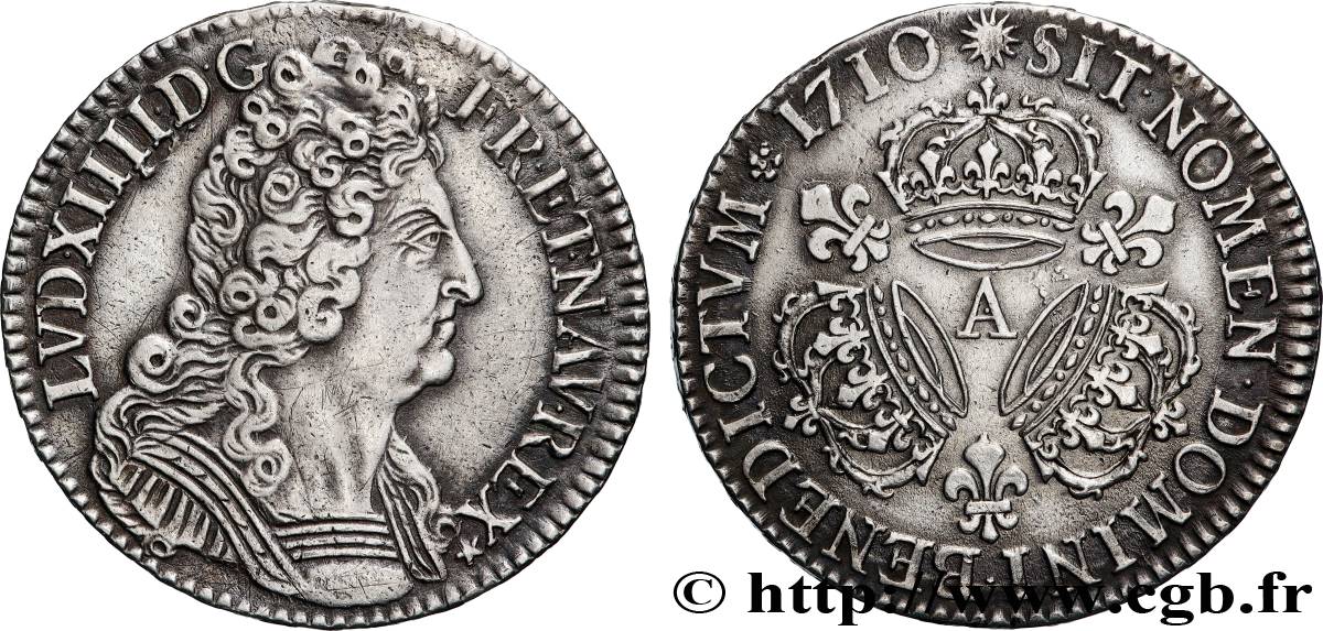 LOUIS XIV &nbsp;THE SUN KING&nbsp; Demi-écu aux trois couronnes 1710 Paris XF/AU
