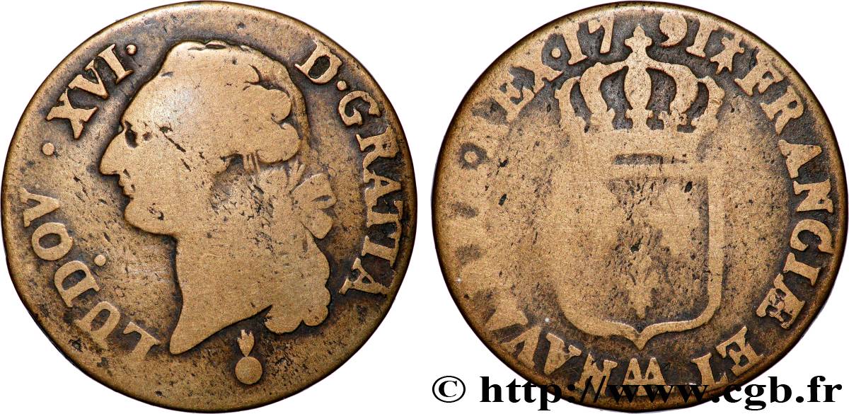 LOUIS XVI Sol dit &nbsp;à l&nbsp;écu&nbsp; 1791 Metz VF