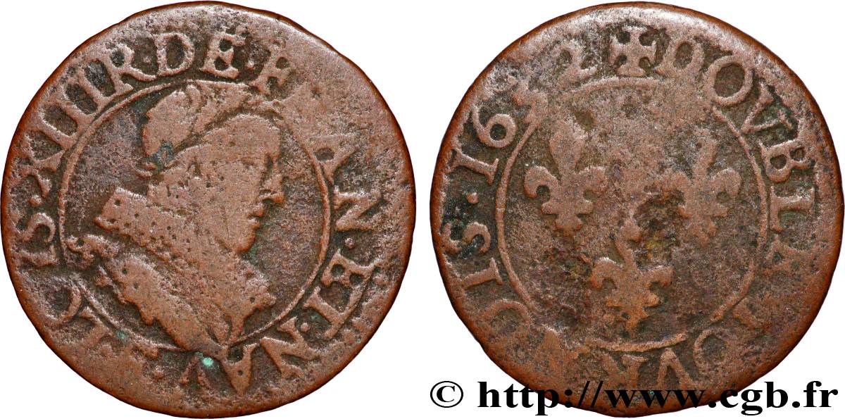 LOUIS XIII  Double tournois, type 1 de Tours 1632 Tours S