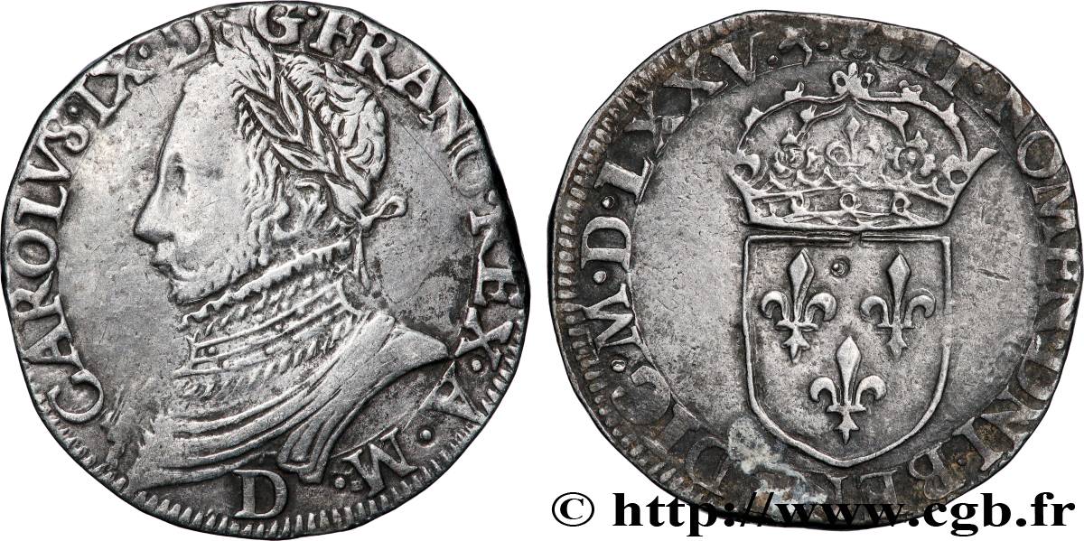HENRI III. MONNAYAGE AU NOM DE CHARLES IX Teston, 11e type 1575 Lyon TTB