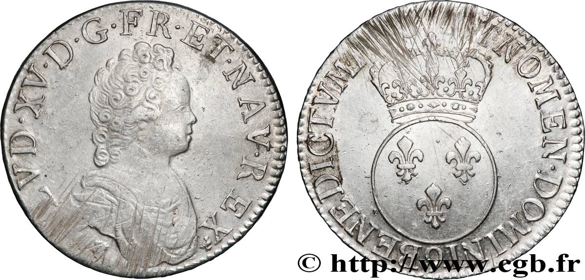 LOUIS XV &nbsp;THE WELL-BELOVED&nbsp; Écu dit &nbsp;vertugadin&nbsp; 1716 Rennes XF/AU