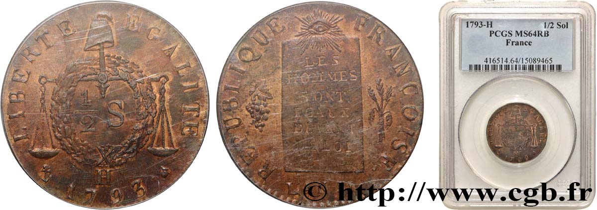CONVENZIONE NAZIONALE Demi-sol dit &nbsp;à la table de loi&nbsp;, refrappe 1793 La Rochelle MS64