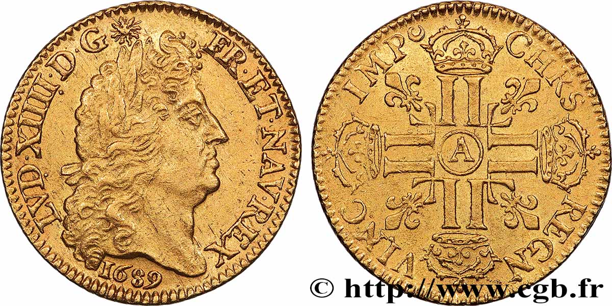 LOUIS XIV LE GRAND OU LE ROI SOLEIL Louis d’or aux huit L, portrait à la tête âgée et laurée 1689 Paris SUP