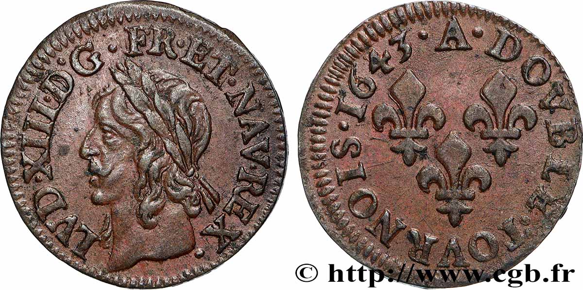 LOUIS XIII LE JUSTE Double tournois, type de Warin 1643 Corbeil SUP