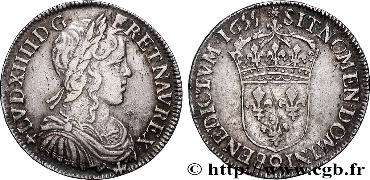LOUIS XIV &nbsp;THE SUN KING&nbsp; Demi-écu, portrait à la mèche longue 1655 Rennes XF/AU