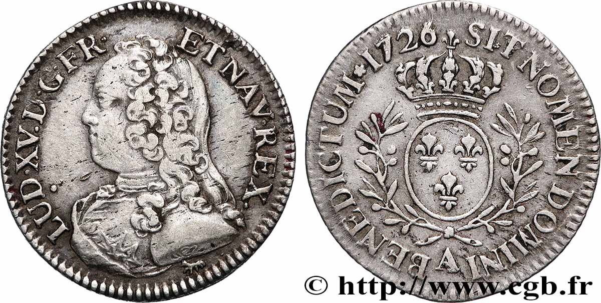 LOUIS XV &nbsp;THE WELL-BELOVED&nbsp; Cinquième d&nbsp;écu aux branches d&nbsp;olivier, buste habillé 1726 Paris AU