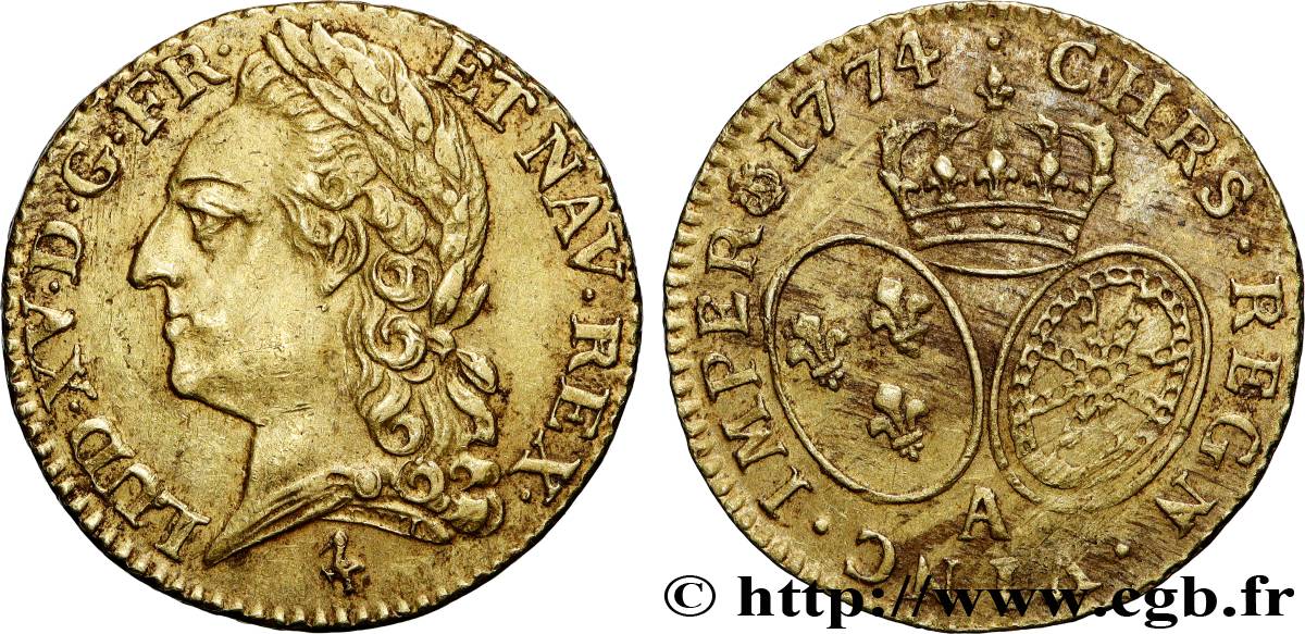 LOUIS XV DIT LE BIEN AIMÉ Louis d&nbsp;or aux écus ovales, buste lauré 1774 Paris SUP