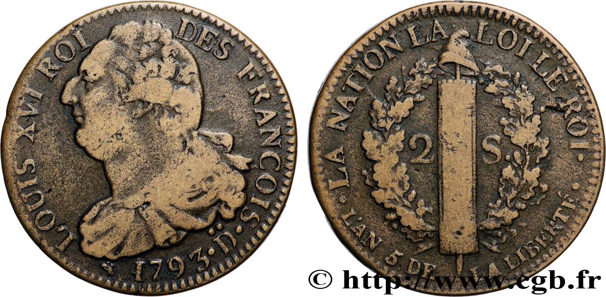 LOUIS XVI (MONARQUE CONSTITUTIONNEL)  2 sols dit &nbsp;au faisceau&nbsp;, type FRANÇOIS 1793 Roanne TB+