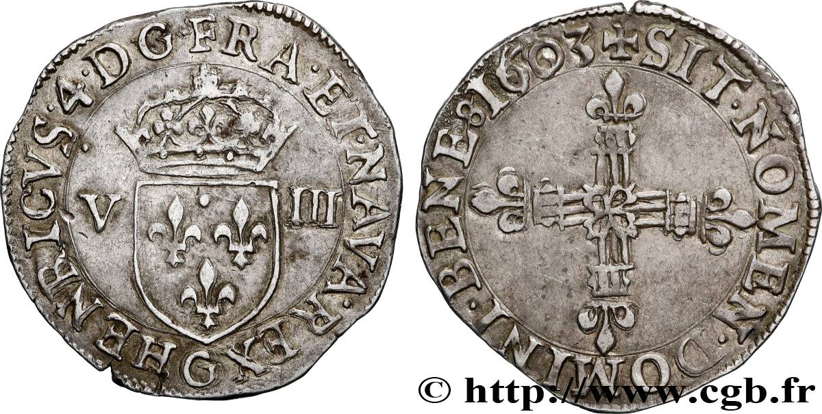 HENRI IV LE GRAND Huitième d&nbsp;écu, croix bâtonnée et fleurdelisée de face 1603 Poitiers TTB+
