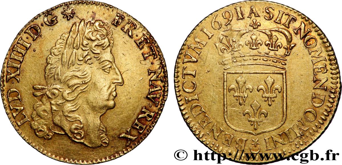 LOUIS XIV LE GRAND OU LE ROI SOLEIL Louis d&nbsp;or à l&nbsp;écu 1691 Paris TTB+