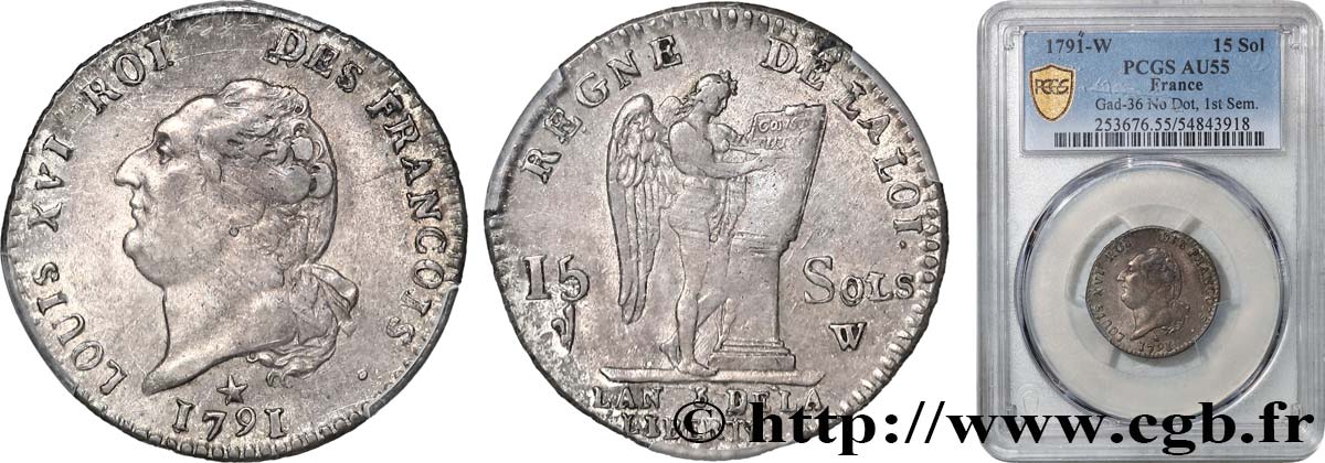LOUIS XVI (MONARQUE CONSTITUTIONNEL)  15 sols dit &nbsp;au génie&nbsp;, type FRANÇOIS 1791 Lille SUP55