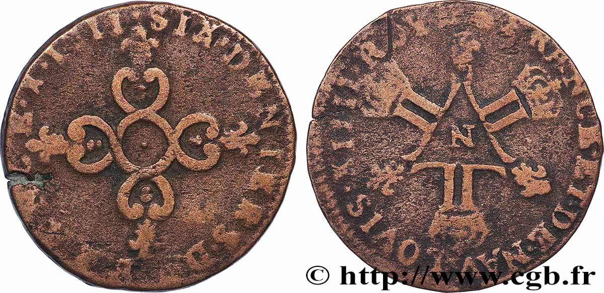 LOUIS XIV LE GRAND OU LE ROI SOLEIL Pièce de six deniers 1711 Montpellier TB+/TB